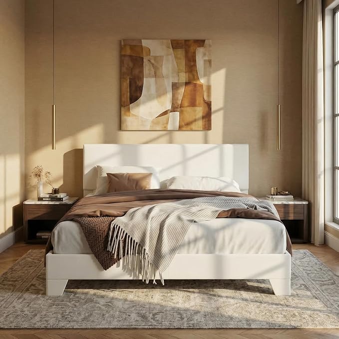 SHA CERLIN PU Leather Upholstered Full Size Bed Frame with Headboard, White | Adjustable Low-Profile Platform Bed, Minimalist Design, Stable Mattress Foundation, Strong Back-Support, No Box Spring Needed