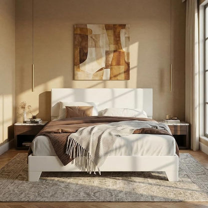 SHA CERLIN PU Leather Upholstered Full Size Bed Frame with Headboard, White | Adjustable Low-Profile Platform Bed, Minimalist Design, Stable Mattress Foundation, Strong Back-Support, No Box Spring Needed