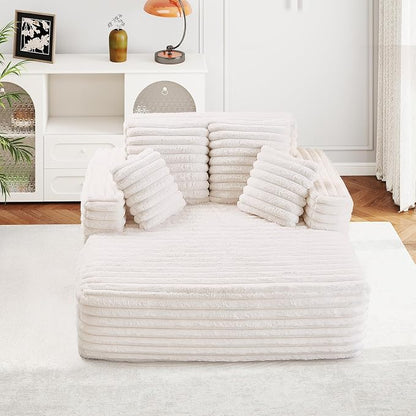 JEEOHEY 56" Oversized Chaise Lounge Chair Indoor,Plush Faux Fur Sleeper Sofa Couch Bed with Pillows&Wide Armrests,Fluffy Comfy Cloud Couch,Compression Foam Couch for Living Room,Bedroom(Beige)