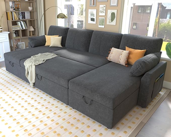 PaPaJet 110 Inch Sleeper Sofa, Oversized Pull Out Couch with Double Storage Chaise，U Shape Couches for Living Room, Gray