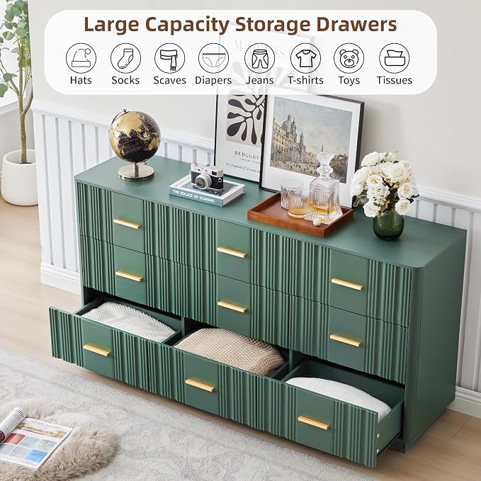 Fluted Dresser for Bedroom with 9 Drawers, 59" Wide Mid Century Modern Chest of Drawers, Wooden Dresser TV Stand, Wood Closet Clothes Storage Organizer for Living Room Hallway, Green