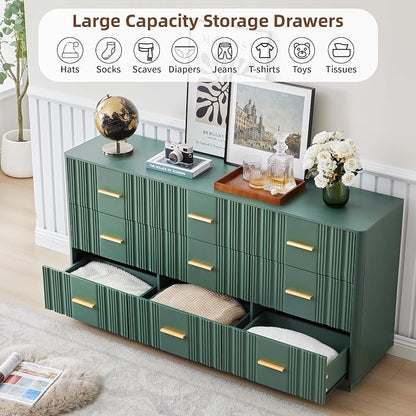 Fluted Dresser for Bedroom with 9 Drawers, 59" Wide Mid Century Modern Chest of Drawers, Wooden Dresser TV Stand, Wood Closet Clothes Storage Organizer for Living Room Hallway, Green