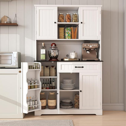 Gizoon Kitchen Pantry Cabinet with Microwave Shelf Tall Coffee Bar Cabinet with Doors and Shelves Farmhouse Kitchen Hutch with Storage for Dining Room and Craft Room, Painted White and Black