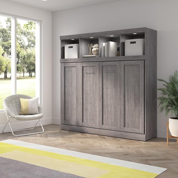Bestar Full Size Horizontal Murphy Bed with Storage and Charging Station, 80-inch, for Bedroom or Guestroom, Pur Collection, Modern, Gray
