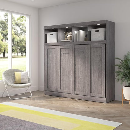 Bestar Full Size Horizontal Murphy Bed with Storage and Charging Station, 80-inch, for Bedroom or Guestroom, Pur Collection, Modern, Gray