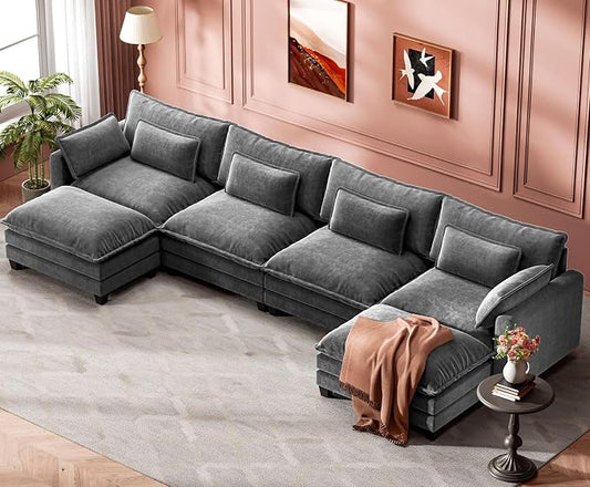Marsail Modular Sectional Sofa 145.6" U-Shaped Modern Comfy Cloud Couch, 6-Seat Chenille Deep Seat Sofa with Throw Pillow & Movable Ottoman for Living Room, Bedroom and Apartment, Grey