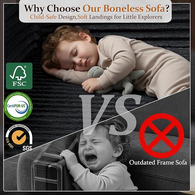 138" Cloud Sectional Couch, Comfort U Shaped Sofa for Living Room, Extra Deep Seats No Assembly, Minimalist Modular Couch, Corduroy (Black, 6 Seats,U-Shape B)