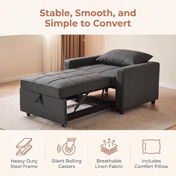 3-in-1 Convertible Sleeper Chair, Pull Out Single Sofa Bed with 3 Adjustable Backrest Angle & Pillow, Foldable Compact Reclining Sofa Bed for Small LivingRoom, Apartment, Home Office, Gray
