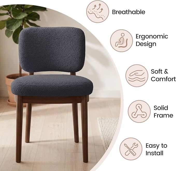 Wooden Dining Chairs Set of 2, Boucle Upholstered Kitchen Chairs with Solid Wood Legs, Mid Century Modern Dining Chairs, Farmhouse Side Chair with Hardwood Frame for Dining Room, Dark Gray