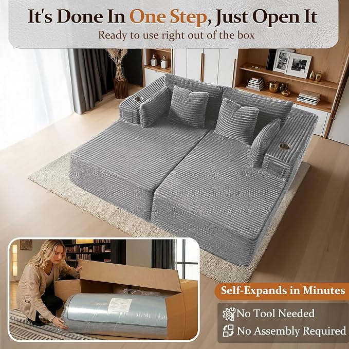 72" Cloud Sectional Couch, Comfort U Shaped Sofa for Living Room, Extra Deep Seats No Assembly, Minimalist Modular Couch, Corduroy (Light Grey, Loveseat Chaise)