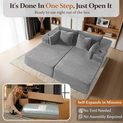 72" Cloud Sectional Couch, Comfort U Shaped Sofa for Living Room, Extra Deep Seats No Assembly, Minimalist Modular Couch, Corduroy (Light Grey, Loveseat Chaise)