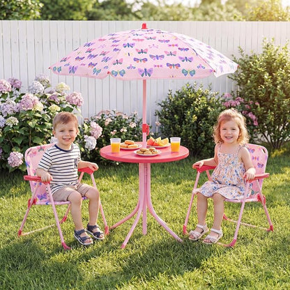 Costzon Kids Picnic Table, Kids Outdoor Table with 2 Folding Chairs, Height Adjustable Umbrella, Portable Children Outdoor Furniture for Patio, Garden, Backyard (Pink Butterfly)