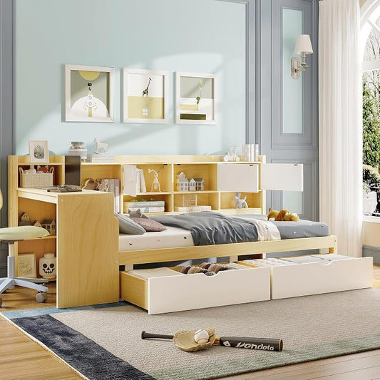 Bellemave Twin Corner Bed Frame, Twin Size Corner Beds with Storage Cabinets and Desk, Wood Daybed with Bookcase and Drawers, Natural+White
