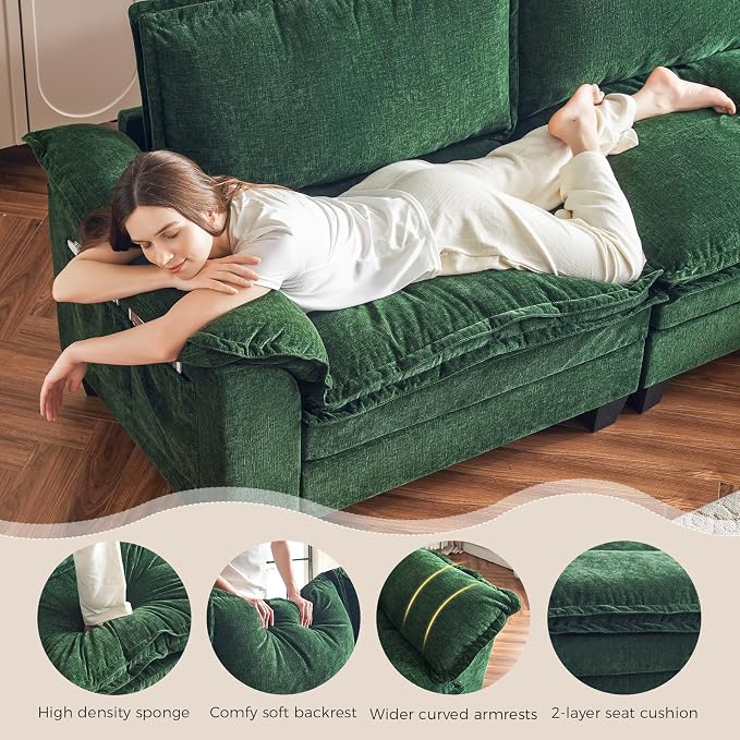 KKL Modular Sectional Sofa Bed with Ottoman, 4 Seaters Cloud Couch with Ottoman, Chenille Sectional Couches for Living Room, Apartment, Green