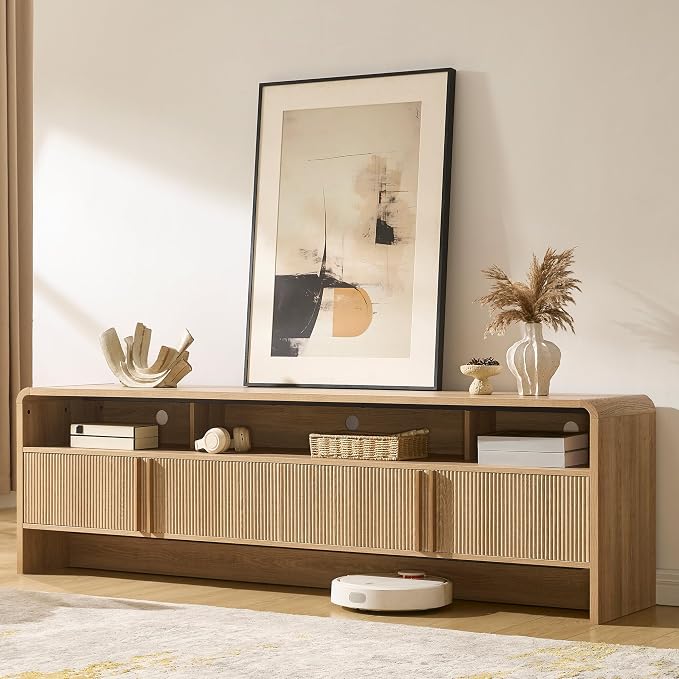 AMERLIFE Modern TV Stand for TVs up to 80", 70 inch Fluted TV Console with Storage Cabinets, Wood Entertainment Center Media Console for Living Room, Natural Oak