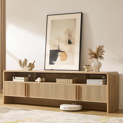 AMERLIFE Modern TV Stand for TVs up to 80", 70 inch Fluted TV Console with Storage Cabinets, Wood Entertainment Center Media Console for Living Room, Natural Oak