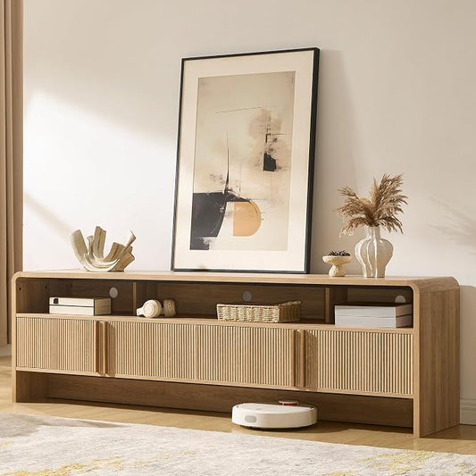 AMERLIFE Modern TV Stand for TVs up to 80", 70 inch Fluted TV Console with Storage Cabinets, Wood Entertainment Center Media Console for Living Room, Natural Oak
