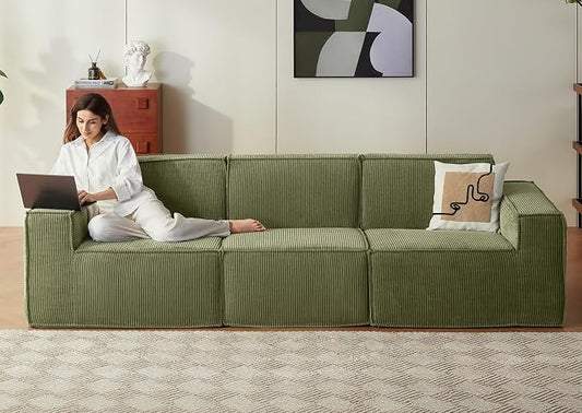 LINSY HOME Modular Sectional Sofa, 105" Boneless 3-Seat Loveseat Sofa Couch, Comfy Corduroy Sectional Cloud Couches for Living Room, No Assembly Required, Green