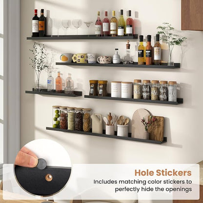 Fun Memories Picture Ledge Shelves Set of 4, 48 Inch Rustic Wall Mounted Floating Shelves with Lip for Home Storage and Décor in Bathroom, Kitchen, Nursery, Bedroom, Living Room, Black