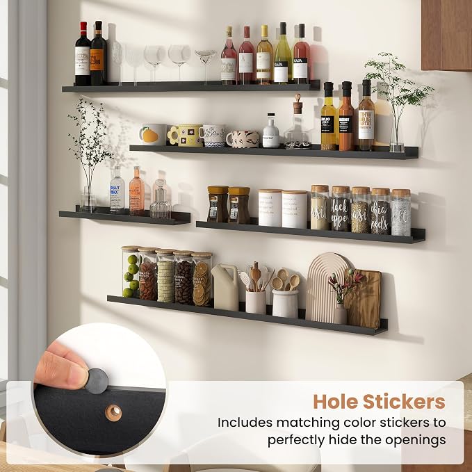 Fun Memories Picture Ledge Shelves Set of 4, 32 Inch Rustic Wall Mounted Floating Shelves with Lip for Home Storage and Décor in Bathroom, Kitchen, Nursery, Bedroom, Living Room, Black