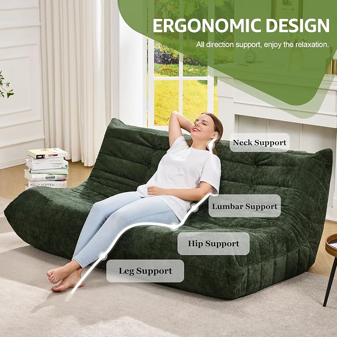 Hobestluk Giant Bean Bag Chair Faux Fur BeanBag Couch for Living Room | Green Chenille, 3-Seater,Ergonomic Design,Memory Foam,Anti-slip Bottom,No Assembly Required,Decorative Style for Living Room