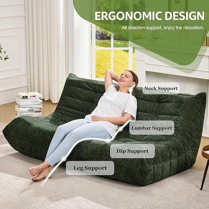 Hobestluk Giant Bean Bag Chair Faux Fur BeanBag Couch for Living Room | Green Chenille, 3-Seater,Ergonomic Design,Memory Foam,Anti-slip Bottom,No Assembly Required,Decorative Style for Living Room