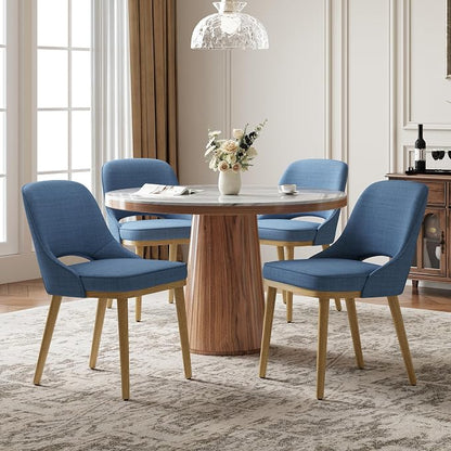 Modern Upholstered Dining Chairs Set of 4, Open Back with Solid Wood Legs, Ergonomic Curved Back Fabric Kitchen Chairs for Dining Room & Kitchen, Living Room Side Chairs, Farmhouse, Blue