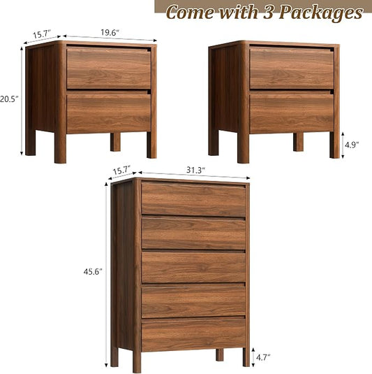 Furniway Walnut Mid-Century Modern 3 Piece Bedroom Furniture Set, 5 Drawer Dresser with Handleless Wood Grain Design and Nightstands Set of 2, Minimalist Storage Dresser for Bedroom