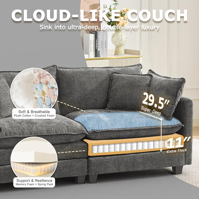 78" Modular Sectional Sofa, Cloud Couch Loveseat Sofa, Deep Seat Washable Chenille Fabric Sofa with Throw Pillows, 2 Seat Modern Couches for Living Room Bedroom Apartment, Grey