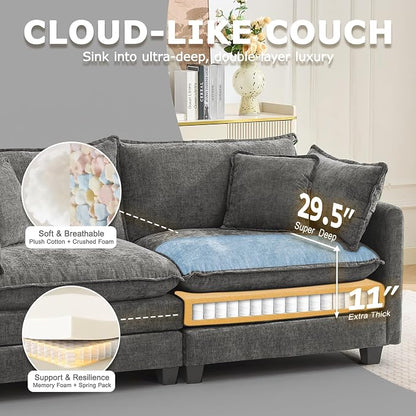 78" Modular Sectional Sofa, Cloud Couch Loveseat Sofa, Deep Seat Washable Chenille Fabric Sofa with Throw Pillows, 2 Seat Modern Couches for Living Room Bedroom Apartment, Grey