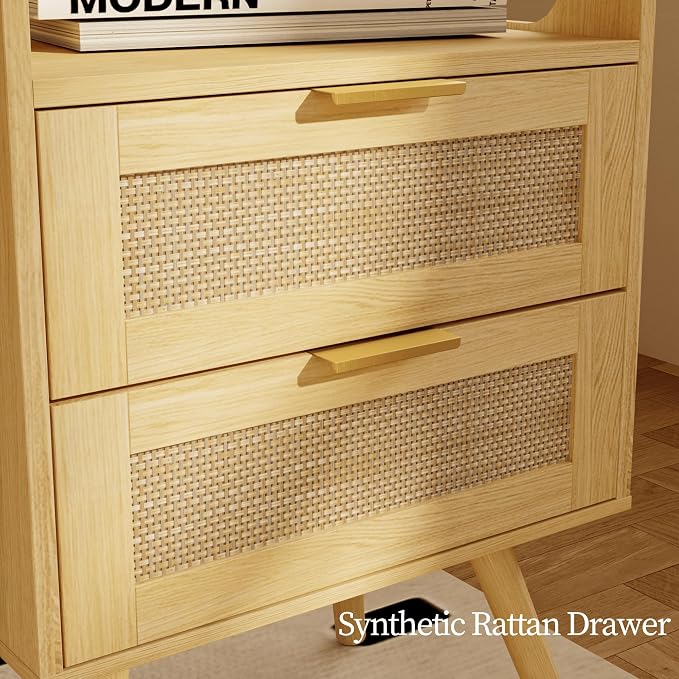 JOONEE Rattan Nightstand with Charging Station,Farmhouse Bedside Table with 2 Storage Drawer and Open Wood Shelf, for Bedroom and Small Spaces,Night Stand with Solid Wood Legs (Yellow Oak-Outlet)