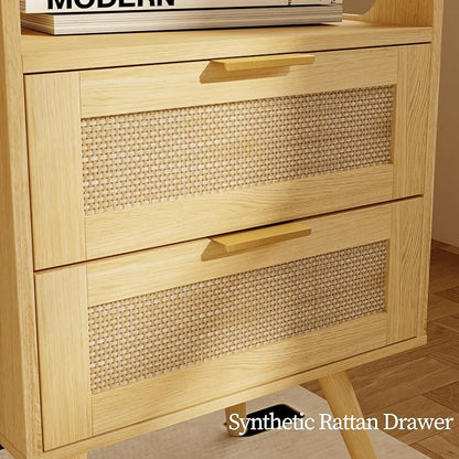 JOONEE Rattan Nightstand with Charging Station,Farmhouse Bedside Table with 2 Storage Drawer and Open Wood Shelf, for Bedroom and Small Spaces,Night Stand with Solid Wood Legs (Yellow Oak-Outlet)