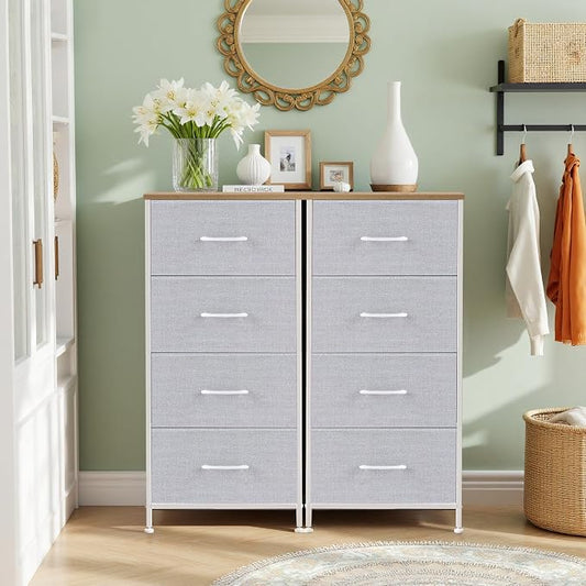 4 Drawers Dresser for Bedroom, Fabric Storage Tower Organizer with Wooden Top and Steel Frame, Tall Chest of Drawers for Closet, Entryway, Dorm, Light Gray