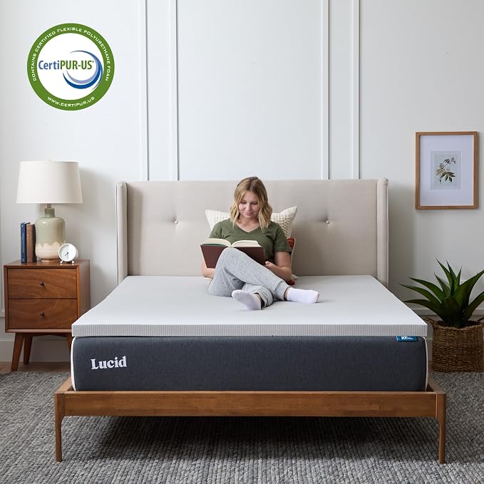 Lucid 2 Inch Bamboo Charcoal Infused Memory Foam Mattress Topper - Twin Size – Moisture and Odor Control - Ventilated - Plush Feel, Pressure-Relieving Bed Topper – CertiPur Certified