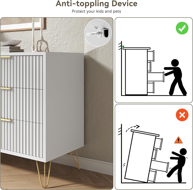 White 6 Drawer Dresser with Golden Handle, Fluted Wood Dressers, Modern Chest for Bedroom, Living Room, Hallway, Entryway