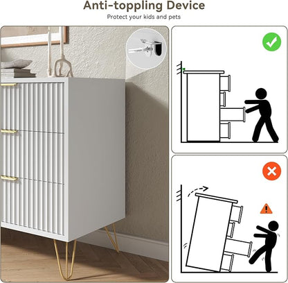 White 6 Drawer Dresser with Golden Handle, Fluted Wood Dressers, Modern Chest for Bedroom, Living Room, Hallway, Entryway