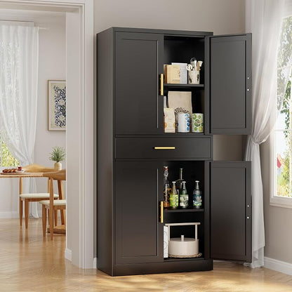 Metal Kitchen Pantry Cabinet, 71"Tall Cabinet with 1 Drawer, Doors and 2 Adjustable Shelves, Pantry Cabinets for Kitchen Storage, Metal Storage Cabinet for Kitchen, Dining Room, Living Room- Black