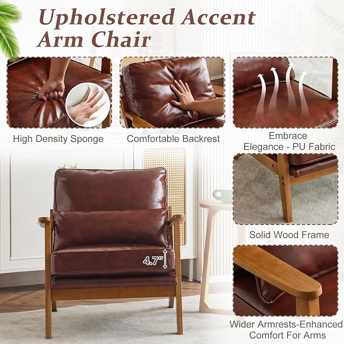VINGLI Solid Wood Wide Armrests Accent Chair,Upholstered Mid Century Modern Chair with Pillow,Comfy Reading Chair Farmhouse Arm Chair,Chairs Living Room,Bedroom,Guest Room,PU Leather,Dark Brown