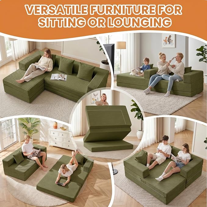 79" Modular Sectional Sofa, Boneless Convertible Sleeper Sofa Bed, Modern Tri-Folding Cloud Couch with L-Shape Chaise, Corduroy Futon for Living Room Small Spaces Apartment, No Assembly,Green