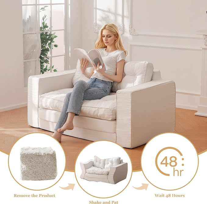 YOSHOOT Loveseat Boneless Couch,55" Convertible Sofa Bed Futon Couches for Living Room,3-in-1 Pull Out Floor Couch with Backrest and Pillows, White