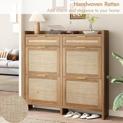 HOKYHOKY Large Rattan Shoe Storage Cabinet with 4 Flip Drawers & 2 Storages–Hidden Slim Shoe Organizer for Entryway, Large Tabletop Space, Farmhouse Boho Narrow Shoe Rack, Rustic Oak