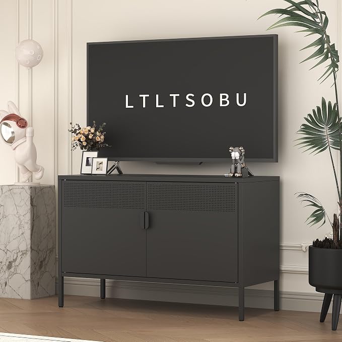 Black Metal Storage Cabinet with 2 Doors - 25''H TV Stand, 2 Tier Locker with Adjustable Shelves, Multipurpose TV Cabinet for Office, Home, Living Room, Kitchen
