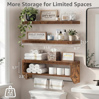 QEEIG Bathroom Floating Shelves for Wall - Shelf Over Toilet Paper Storage Farmhouse 32 inch Long Set of 3, Rustic Brown (028-80BN3)