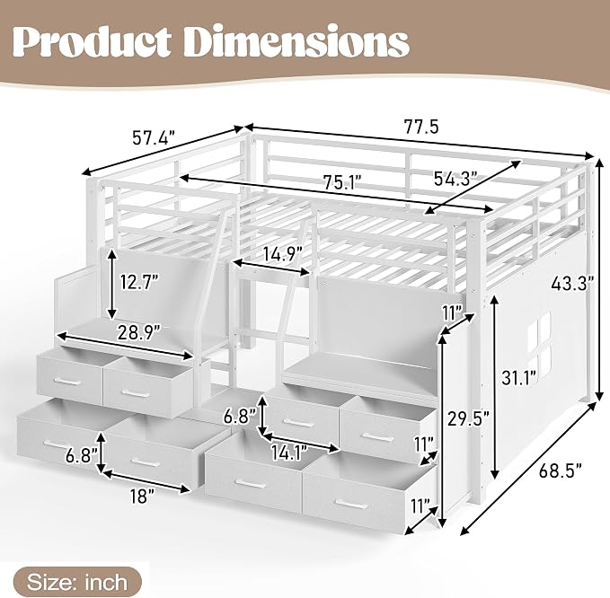 Bellemave Full Low Loft Bed,Metal Kids Loft Bed Frame for Boys Girls,White | Fabric Drawers,LED Lights,Storage Shelves,Under-bed Space,Space-saving