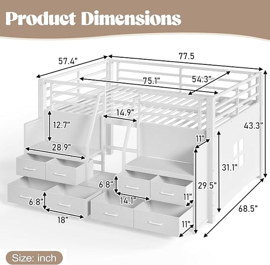 Bellemave Full Low Loft Bed,Metal Kids Loft Bed Frame for Boys Girls,White | Fabric Drawers,LED Lights,Storage Shelves,Under-bed Space,Space-saving