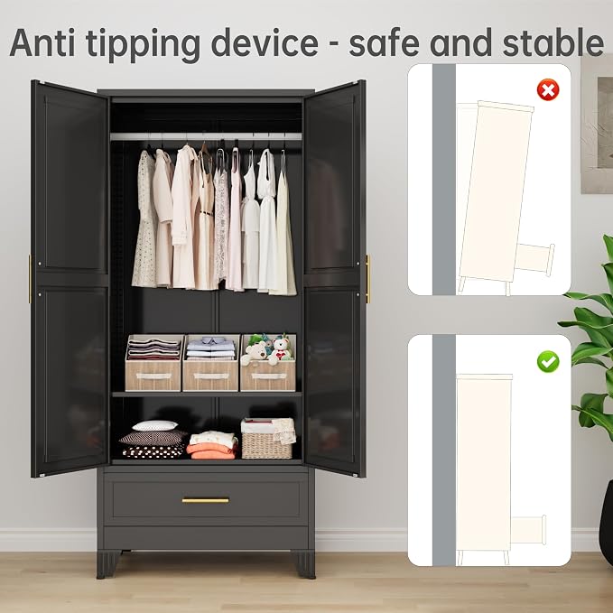 PAOFIN 71" Metal Armoire Wardrobe Closet Storage Cabinet with Hanging Rod,Metal Clothing Cabinet with 1 Drawer and Adjustable Shelf for Bedroom, Laundry Room(Black)