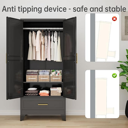 PAOFIN 71" Metal Armoire Wardrobe Closet Storage Cabinet with Hanging Rod,Metal Clothing Cabinet with 1 Drawer and Adjustable Shelf for Bedroom, Laundry Room(Black)