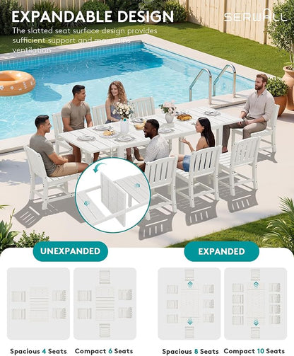 SERWALL 10-Piece Patio Dining Sets with 15FT Patio Umbrella, White | 60" - 83" Expandable Outdoor Dining Table and 8 HDPE Chairs, All Weather HDPE Outdoor Furniture Set
