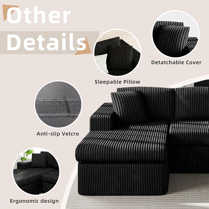 Shintenchi 105" Modular Sectional Sofa, Boneless L Shaped Couch with Deep Seat, Cloud Foam Couch with Oversized Chaise, Plush Corduroy Sofa No Assembly Needed for Living Room, Black
