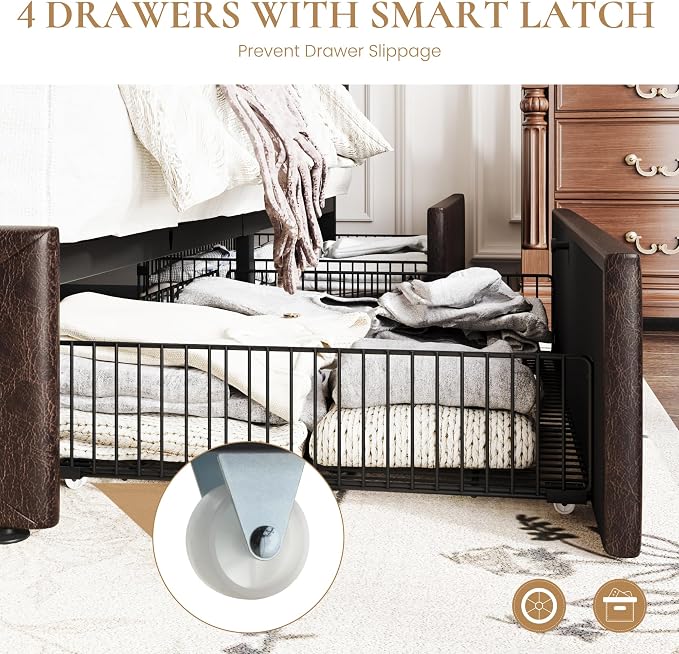 SHA CERLIN Upholstered Queen Size Platform Bed Frame with 4 Storage Drawers, Adjustable Headboard with Diamond Stitched Button Tufted Design, Wooden Slat Support, No Box Spring Needed, Black Brown
